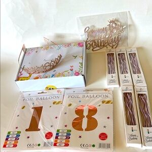18th Birthday Set - Tiara, Cake topper, 1 & 8 Foil Balloons & 30 spiral candles